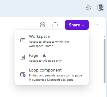 Screenshot showing the Share workspace option in Loop.
