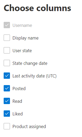 Viva Engage activity report - choose columns.