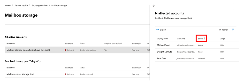 Example of the status column in the affected account pane