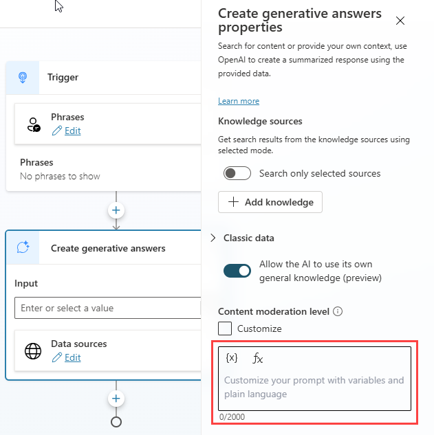 Screenshot illustrating the process of selecting Custom instructions from the Create generative answers properties dialog.