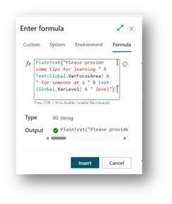 Screenshot of the Enter formula dialog showing a formula editor with a PlainText function.