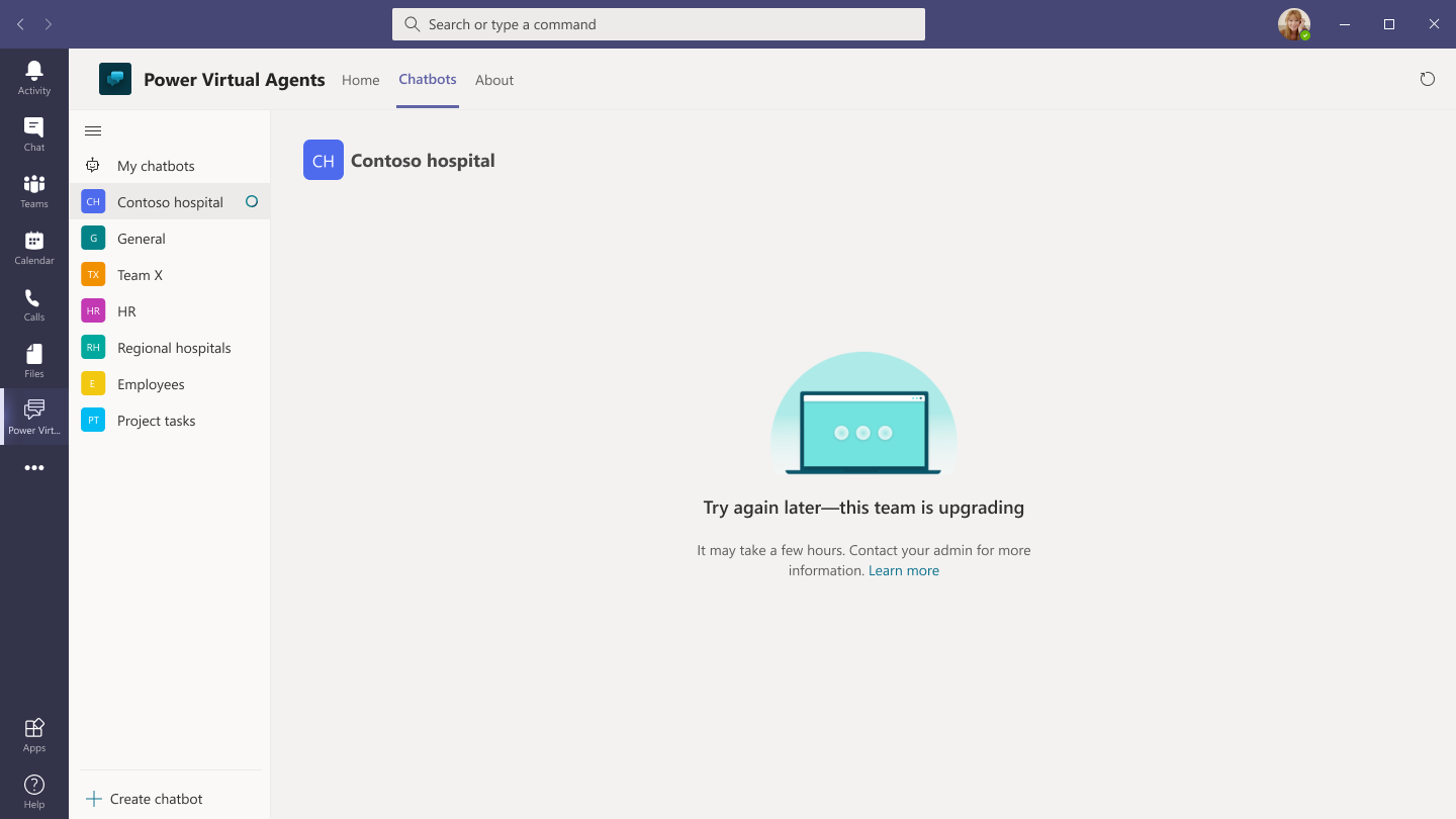 Screenshot of the Power Virtual Agent app in Teams  with the message try again later - this team is upgrading.