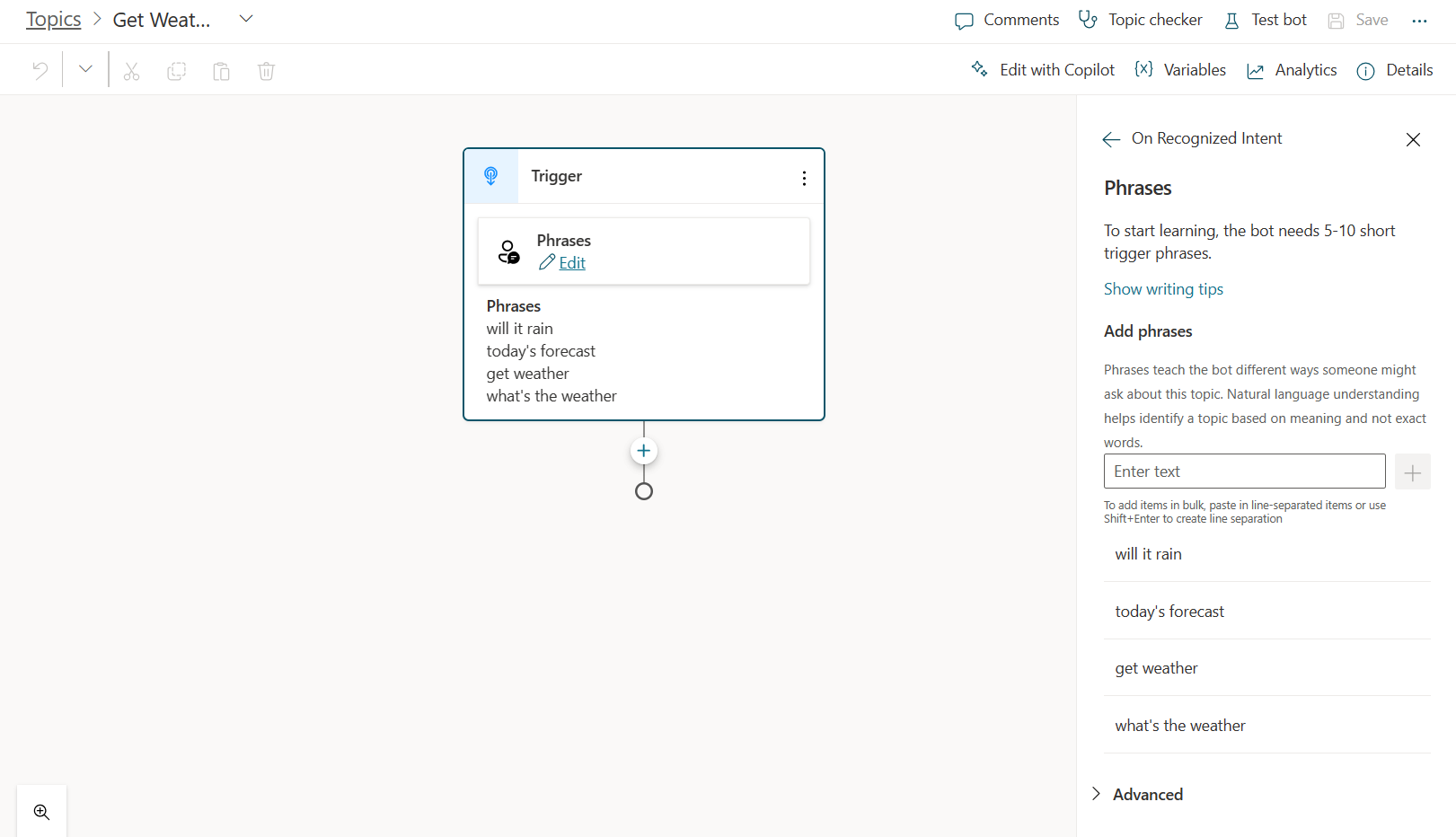 Screenshot of trigger phrases in a new topic.