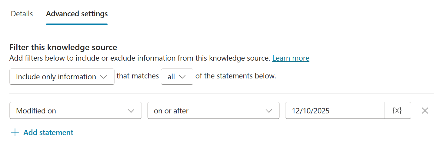 Screenshot of the SharePoint knowledge source's Advanced settings, displaying an example of the configured settings.