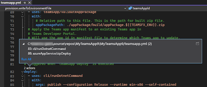 Screenshot shows the lifecycle access and access through CodeLens in m365agents.yml file.