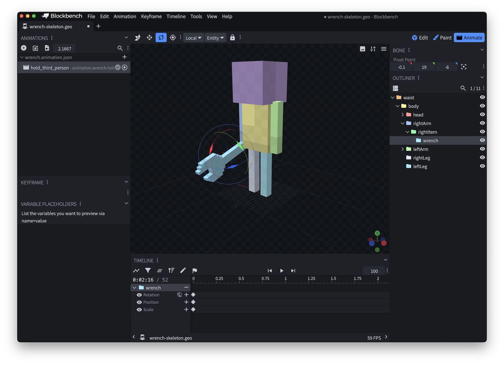 The wrench in the proper position after the animation has been applied