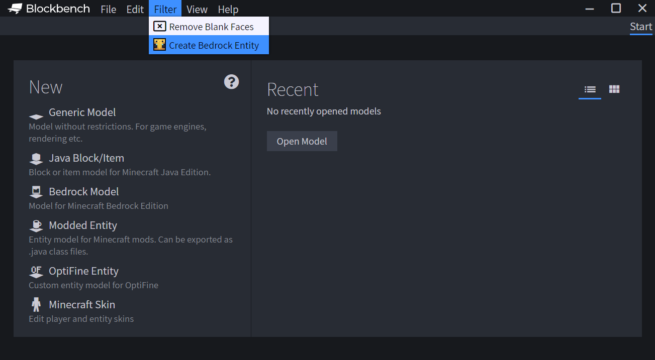 Image showcasing the alternate route of selecting Filter and then selecting Create Bedrock Entity
