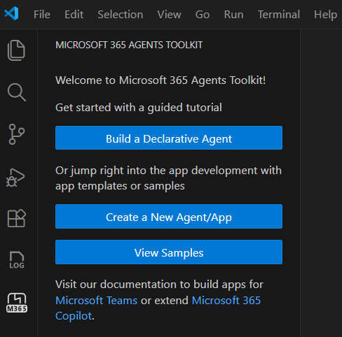 Agents Toolkit start panel.
