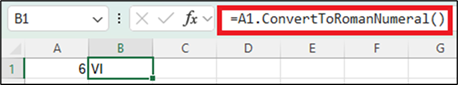 Excel formula showing =A1.ConvertToRomanNumeral()