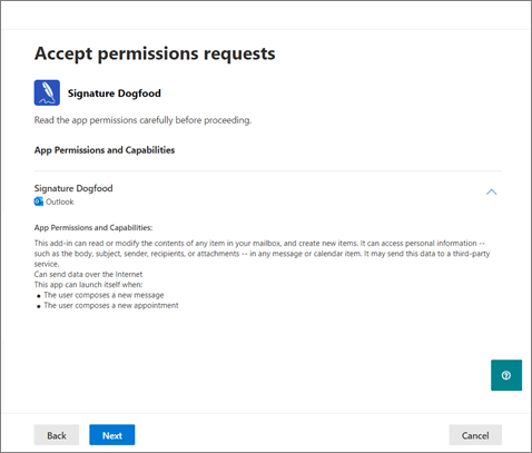 The 'Accept permissions requests' screen when deploying a new app.