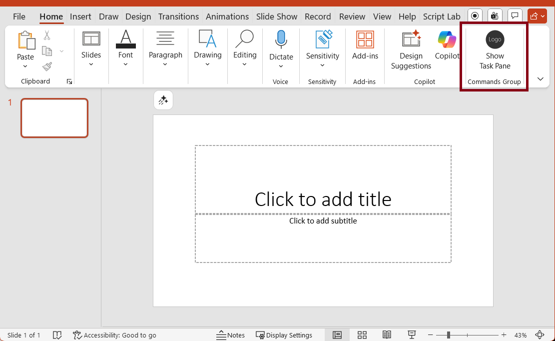 The Show Task Pane button highlighted on the Home ribbon in PowerPoint.