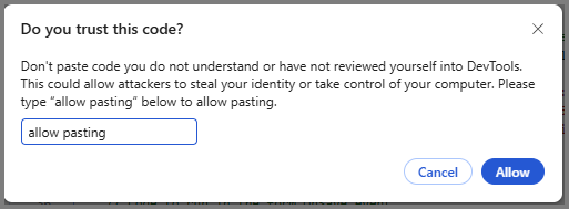Screenshot of the DevTools paste warning dialog with the Allow button.