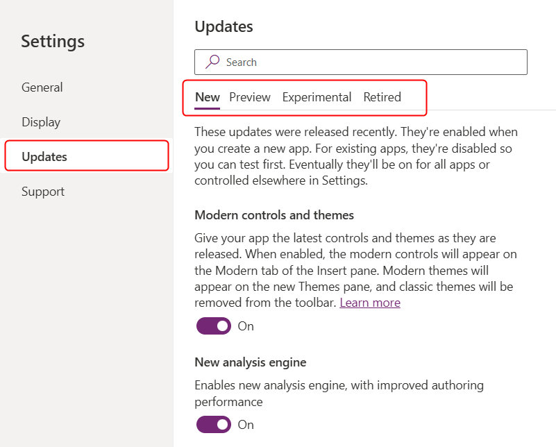 Settings for canvas apps.