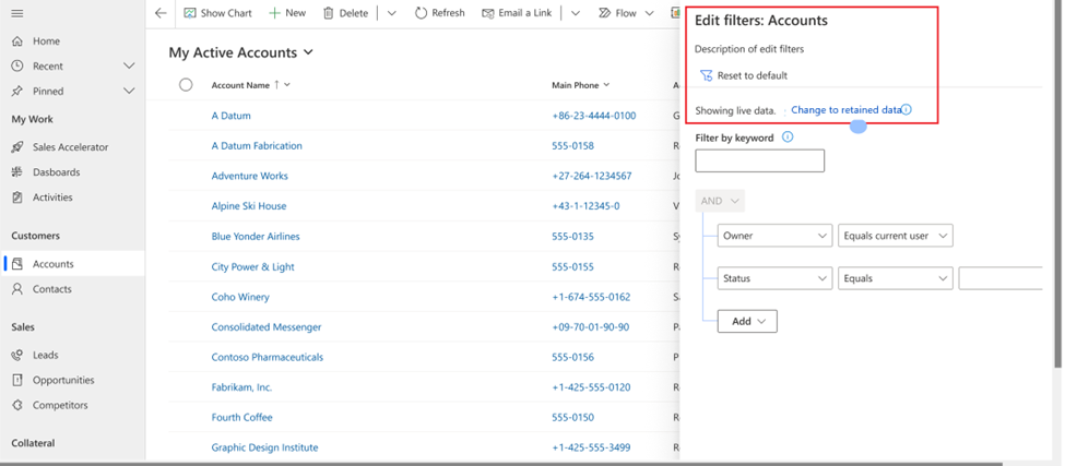 Select change to retained data on the edit filter pane.