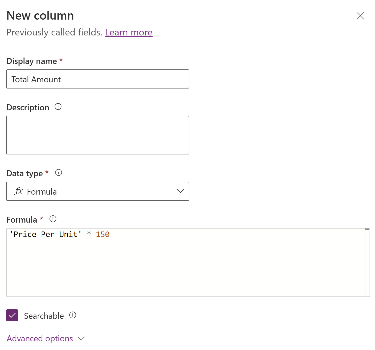 Screenshot of a create a new formula column pane for use with a decimal number.