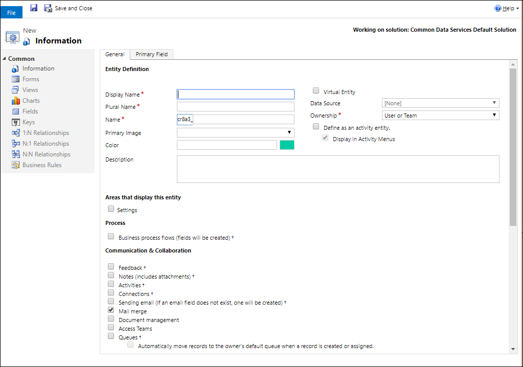 new entity form in solution explorer.