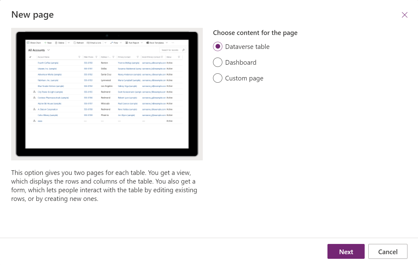 Select a table-based view and form.