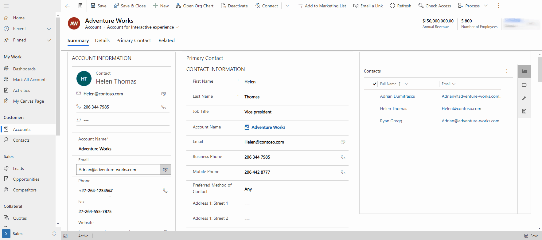 Main form dialog for quick create.