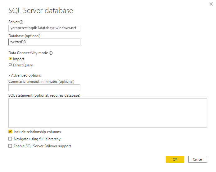 Screenshot showing connection string definition in Power BI Desktop.