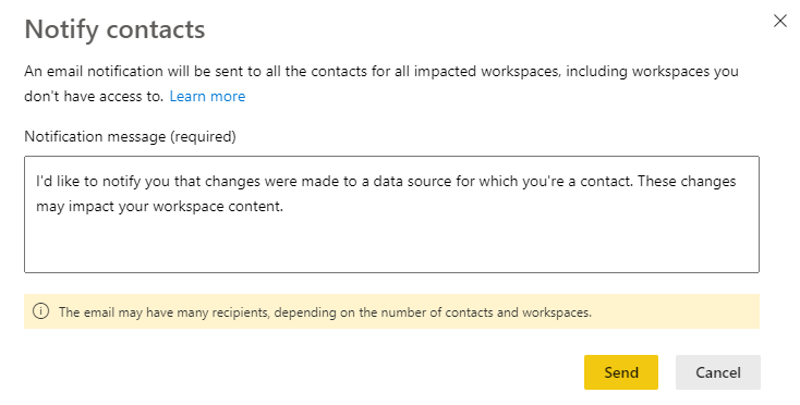 Screenshot showing data source notify contacts dialog.