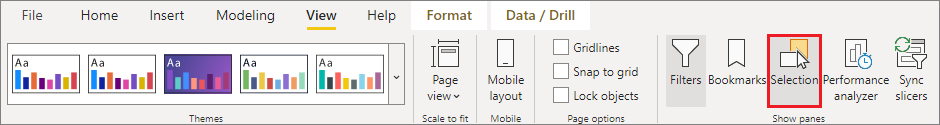 Screenshot of the View tab in the ribbon, highlighting Selection.
