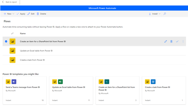 Screenshot shows Create a flow for a SharePoint list in Power B I.