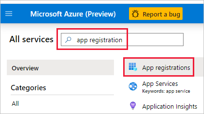 Screenshot of the Azure portal, with app registration in the search box. That box and the App registrations icon are highlighted.