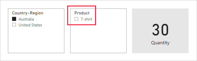 Diagram showing the report page containing three visuals with Product called out. The details are described in the following paragraph.