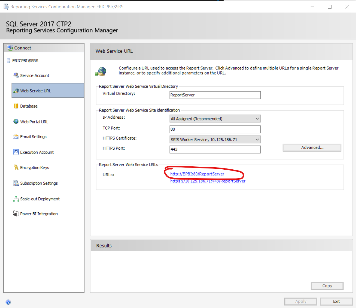 Screenshot of Reporting Services configuration tool showing web service URL.