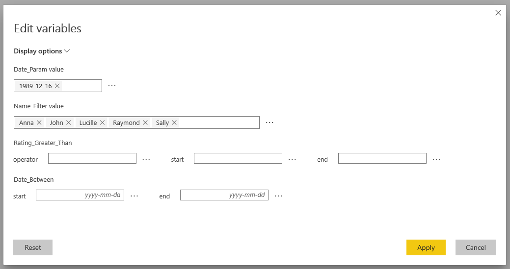 Screenshot that shows the Edit variables dialog in the Power BI service.