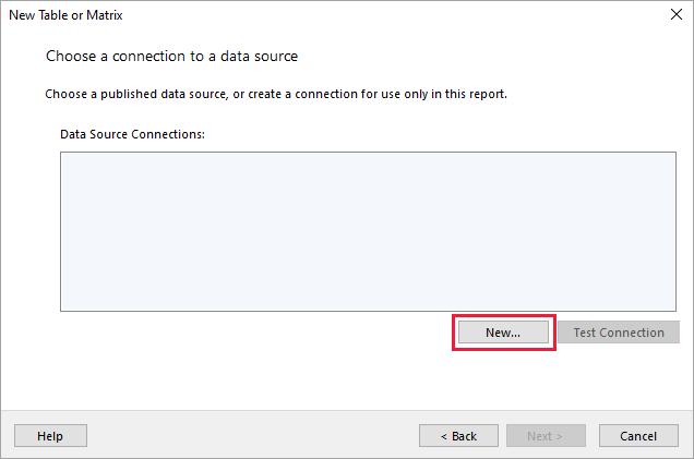 Screenshot showing where to select New for a data source connection.