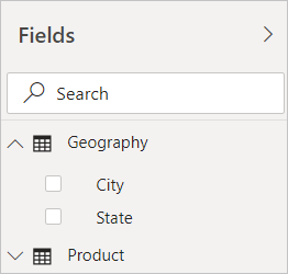 Screenshot of Power BI Desktop showing the Geography filter in the Fields view.