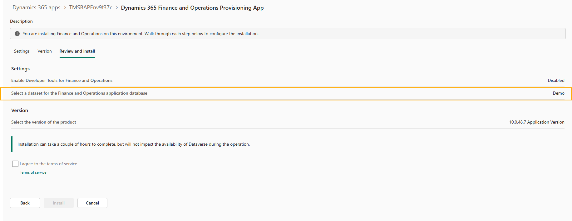 Screenshot of the Review and install step showing the selected settings, product version, terms of service checkbox, and Install button.