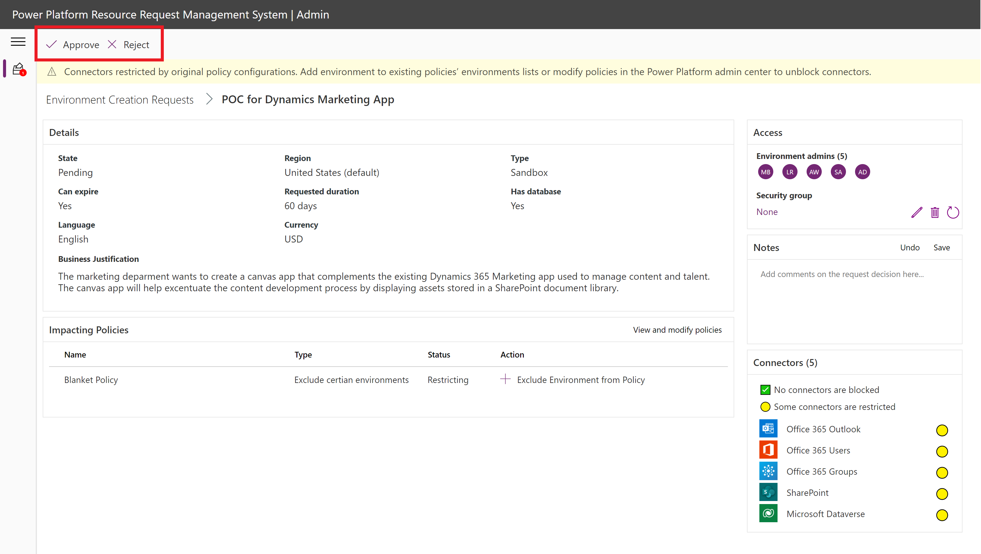 Screenshot showing Approve or Reject options.