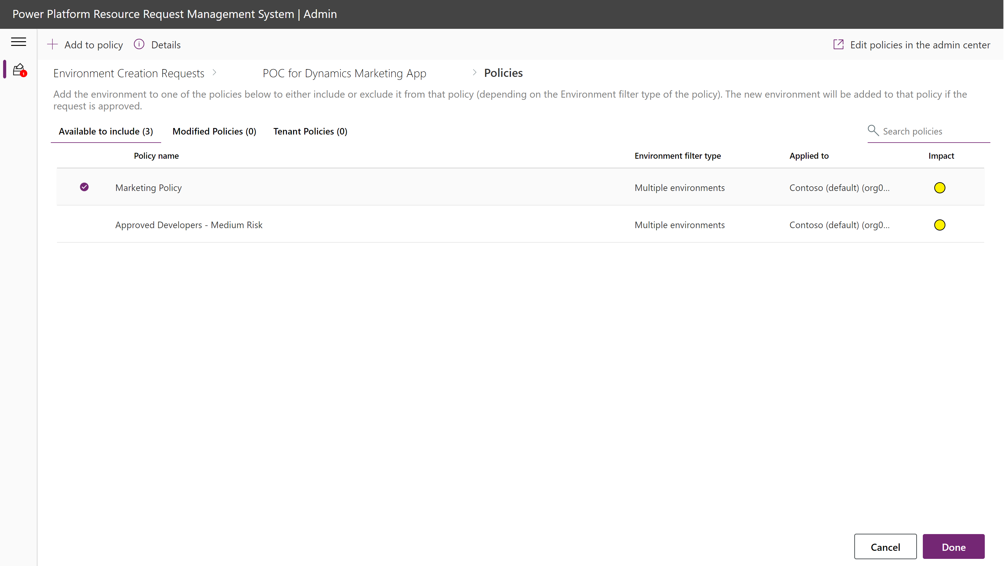 Screenshot showing a list of policies.