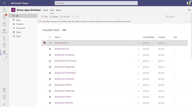 View apps, flows and tables part of the Innovation Backlog solution View apps, flows, and tables part of the Innovation Backlog solution.