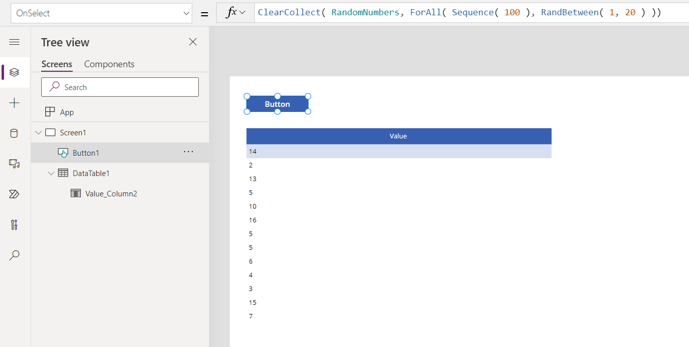 Data table with 100 hundred random numbers.