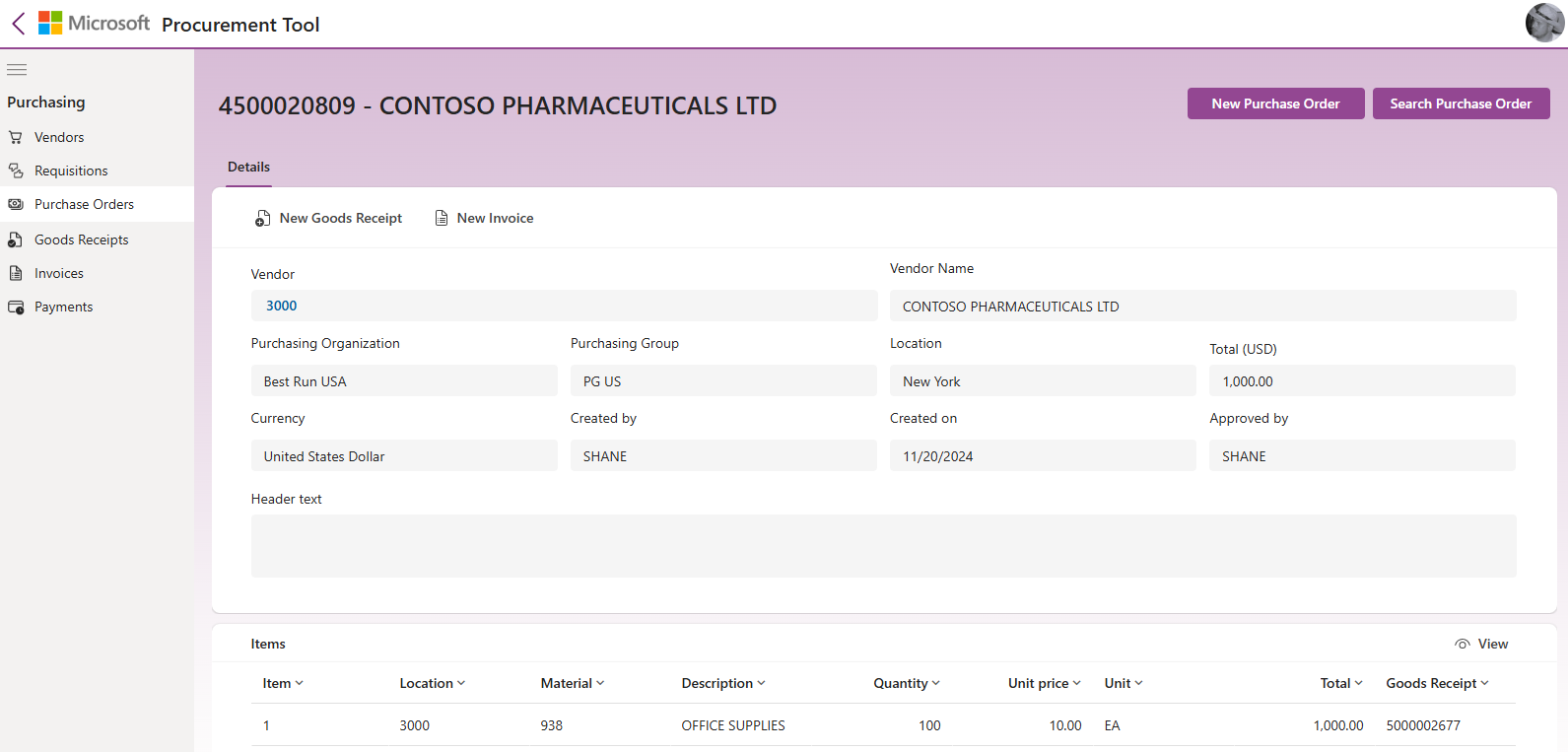 Screenshot of Microsoft's SAP Procurement purchase order app for Power Platform.