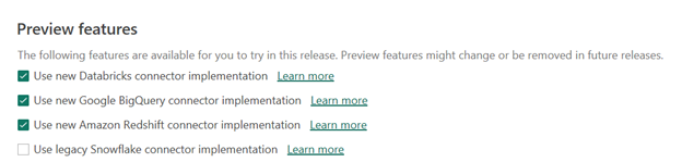 Screenshot of the preview option dialog with Use new Amazon Redshift connector implementation checked.