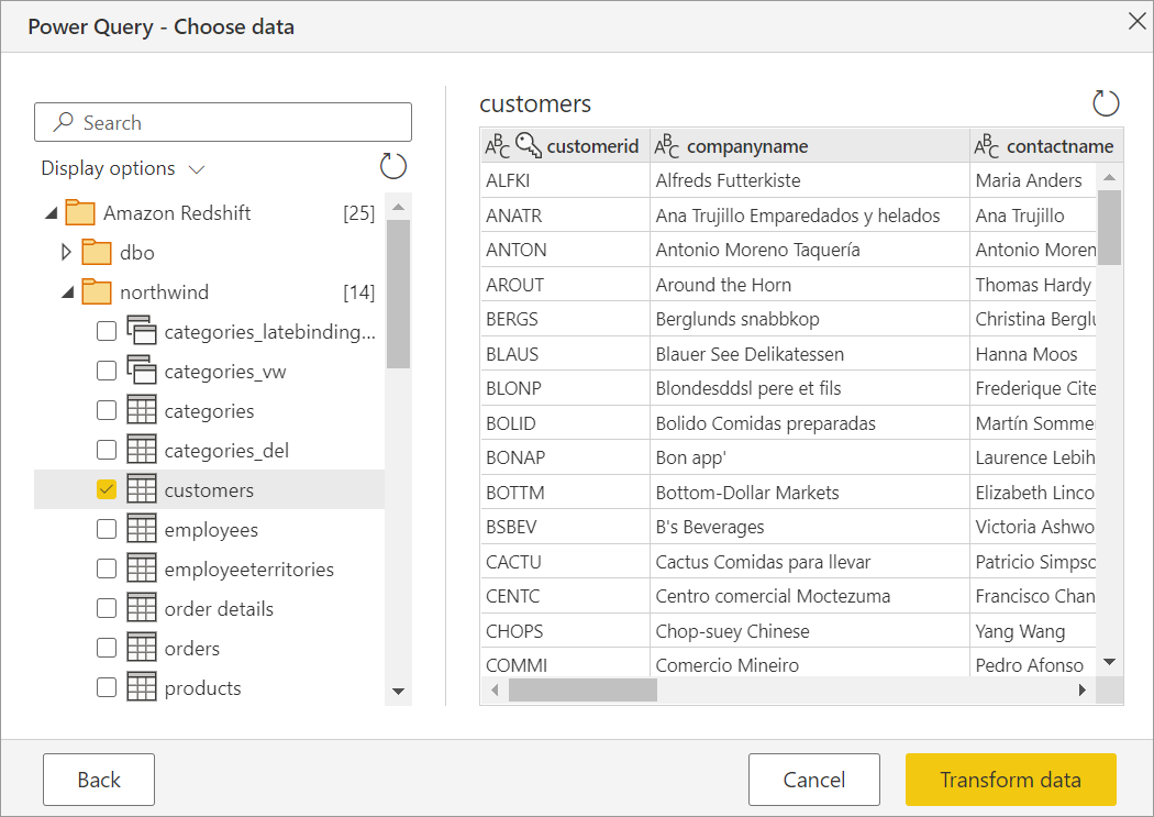 Screenshot of the online Navigator with the customers element selected, and the data from that element displayed on the right side.