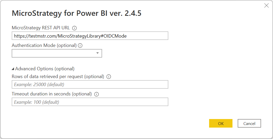 Screenshot of the connection dialog with the OIDC environment URL example.