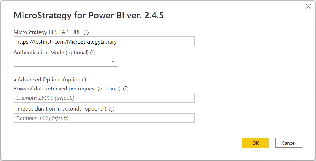 Screenshot of the connection dialog with the standard environment URL example.
