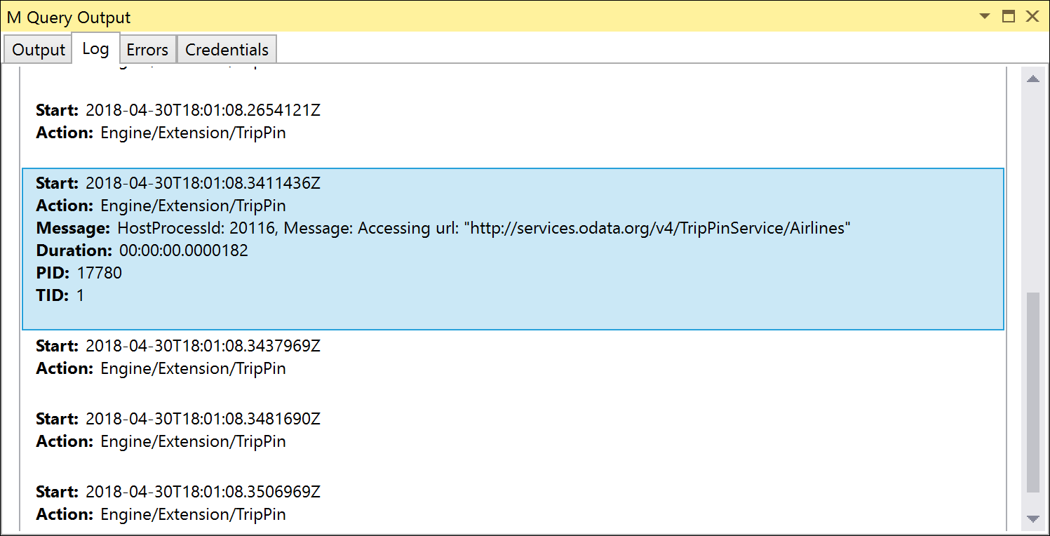 Screenshot of the Log tab of the M query output displaying the send request with no query parameters.