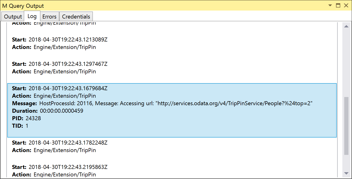 Screenshot of the Log tab of the M Query Output displaying the send request containing the $top parameter.