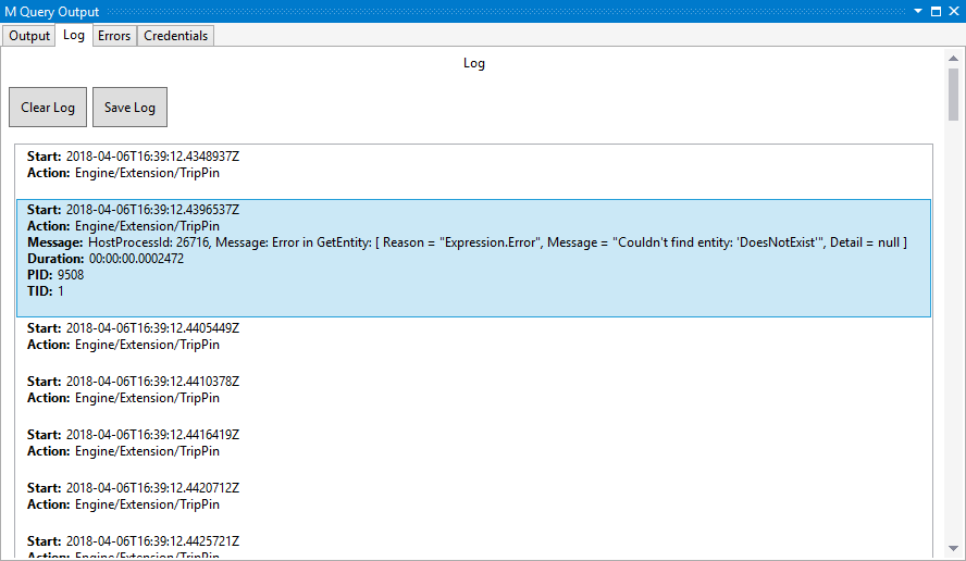 Screenshot of the M query output showing the log failure message.