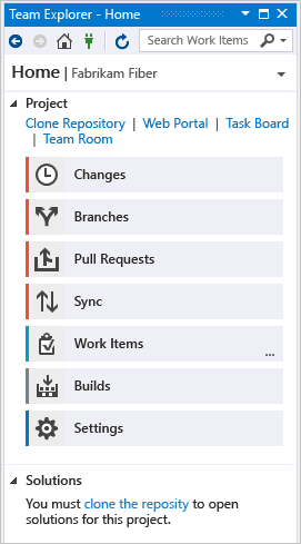 Team Explorer Home page with Git as source control