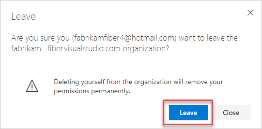 Screenshot showing confirmation for leaving the organization.