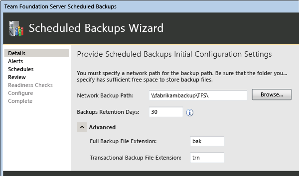 Specify the network path for the backups