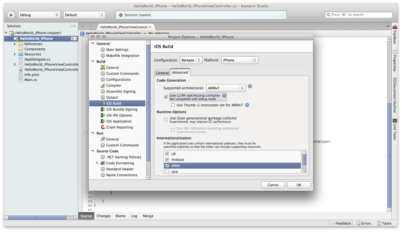 Screenshot shows selecting the extra encodings in Visual Studio for Mac.