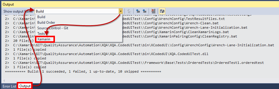 Select Xamarin in the Output tab